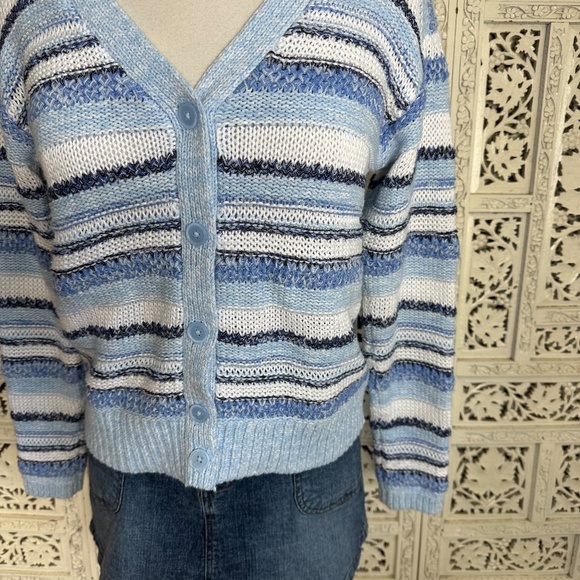 Talbots Blue & White Striped Chunky Button Up Grannycore Cardigan Sz Small - Picture 3 of 8
